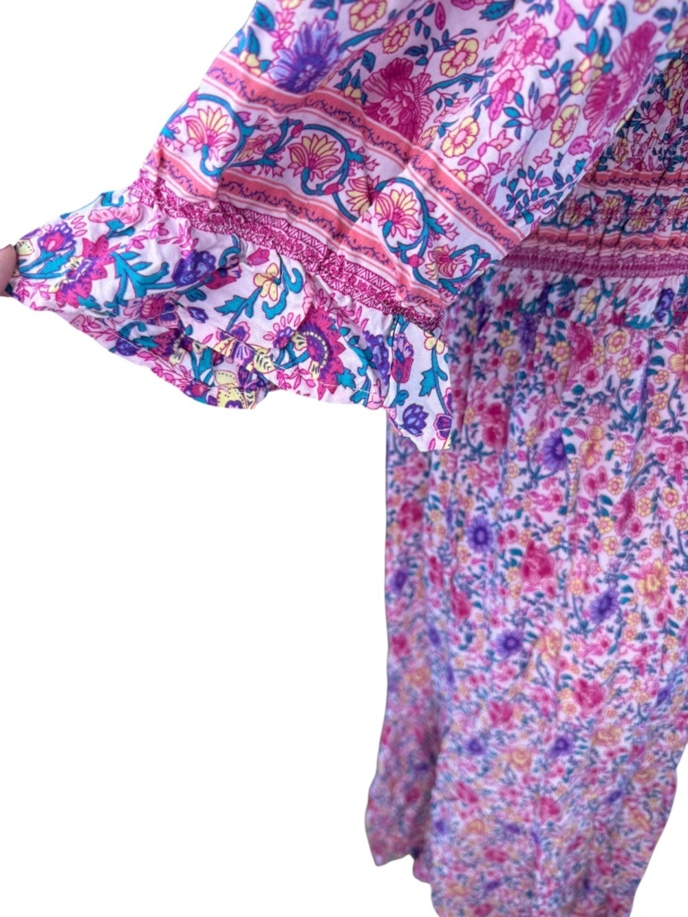 Pink Floral Smocked Puff Sleeve Midi Dress Size Large - Picture 3 of 9